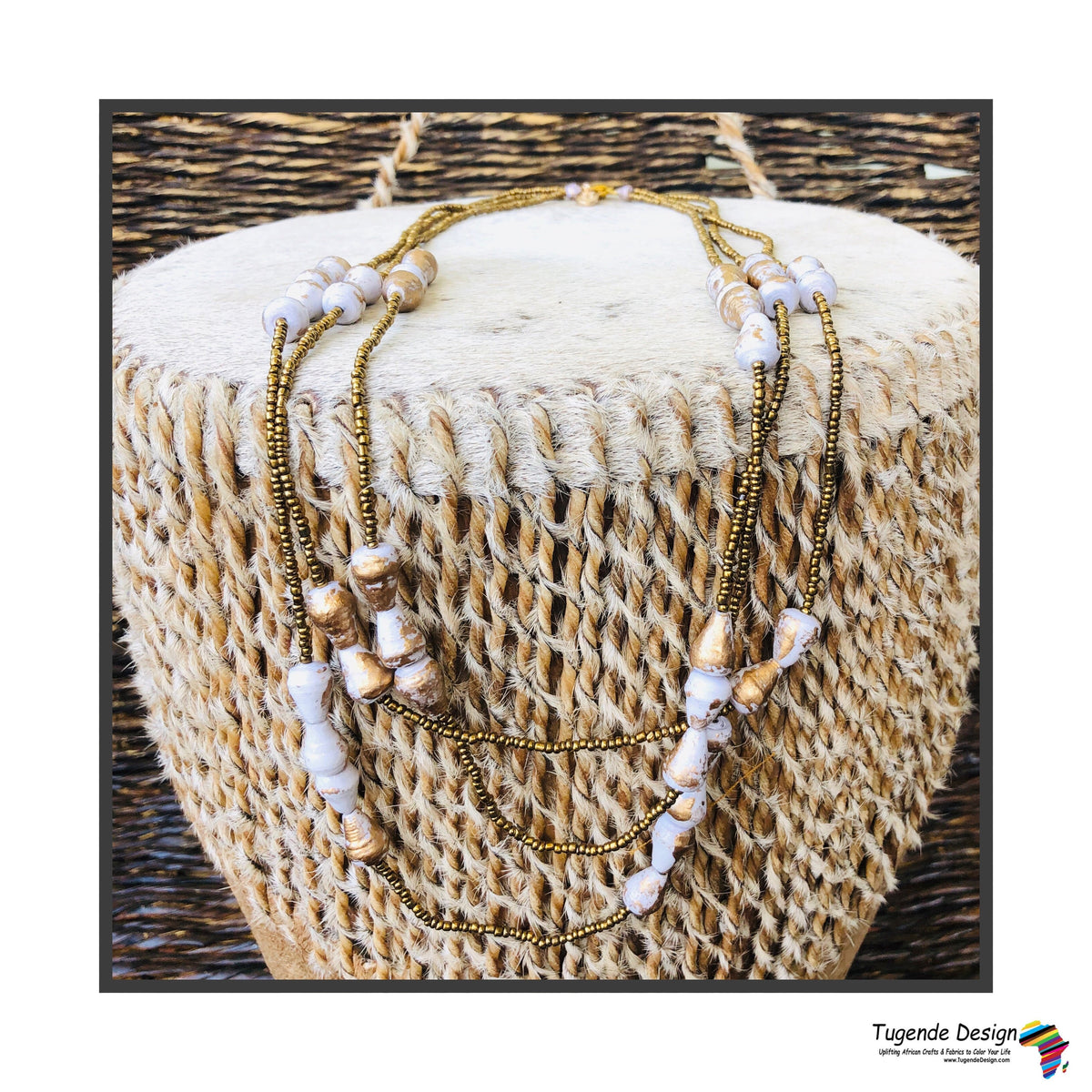 Namirembe Handmade Beaded Multi Strand Necklace with Bling (Gold with Cream or White)