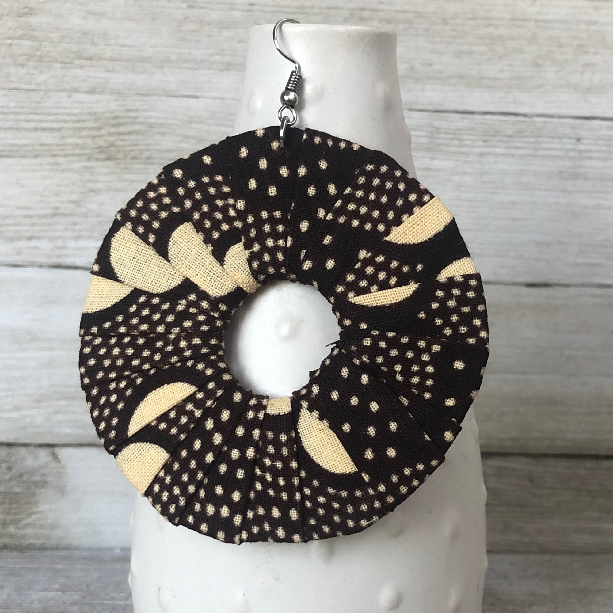 Large Round Ankara Kitangala Earrings (Multicolor - Brown and Cream)