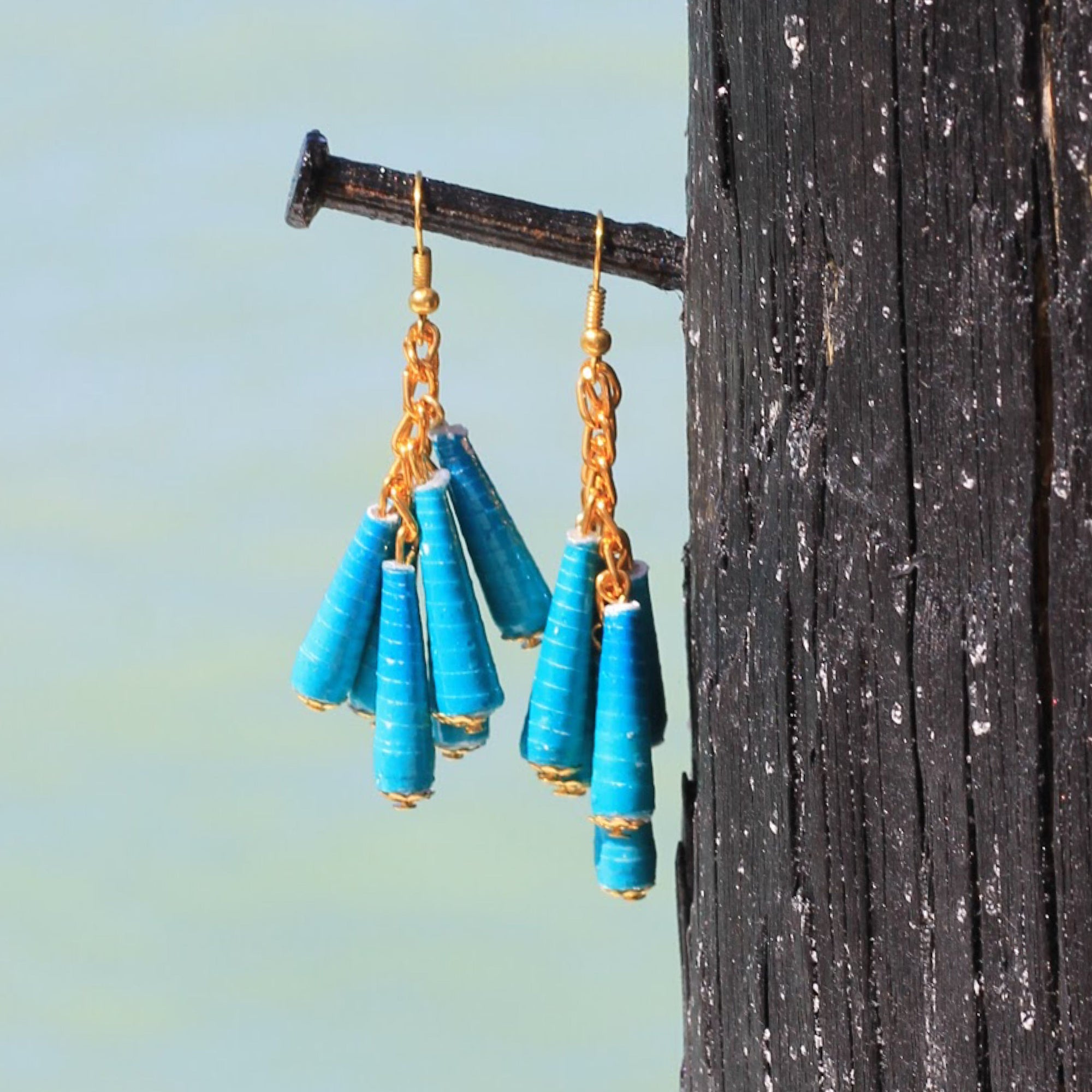 Dangling Handmade Beaded Earrings (6 Medium Cone Beads in Bright Blue)