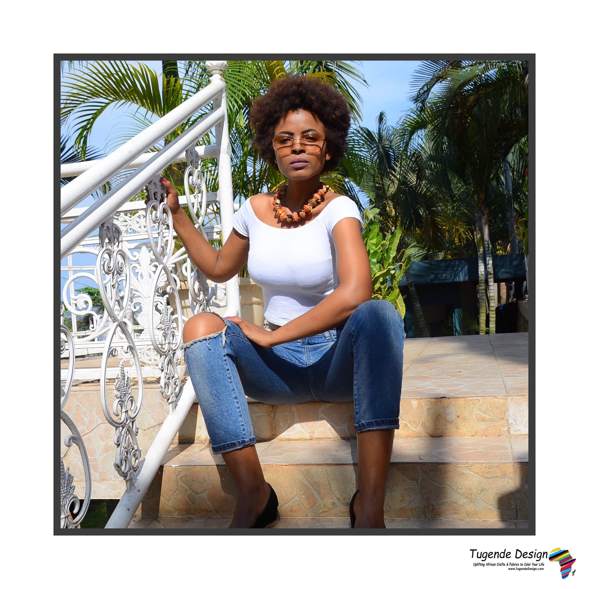 Sanyu Funky Handmade Necklace with Chunky Beads and Ankara Fabric (Large Beads in Red, Green or Orange)