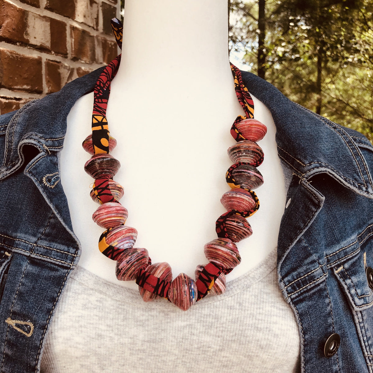 Sanyu Funky Handmade Necklace with Chunky Beads and Ankara Fabric (Large  Beads in Red, Green or Orange)