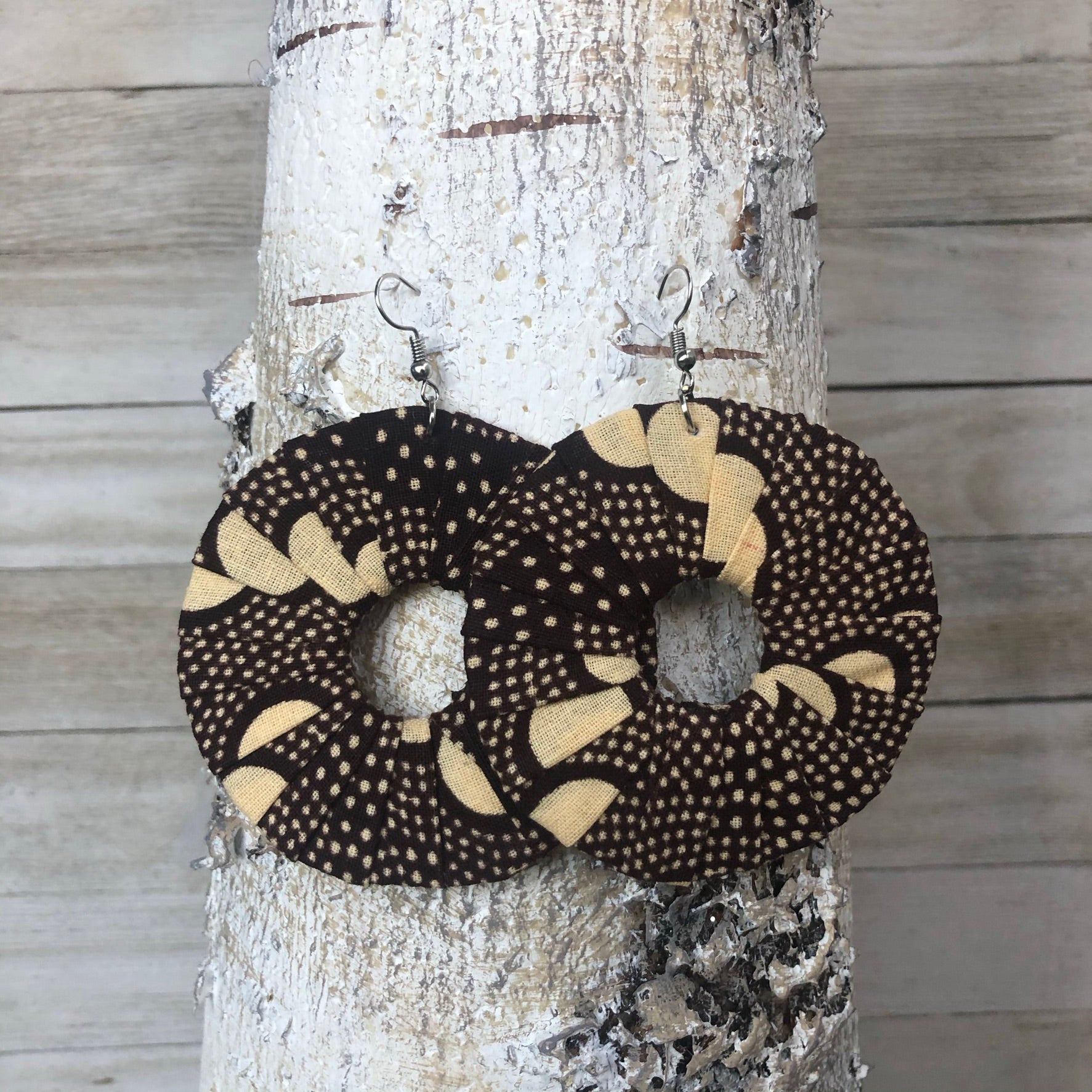 Large Round Ankara Kitangala Earrings (Multicolor - Brown and Cream)