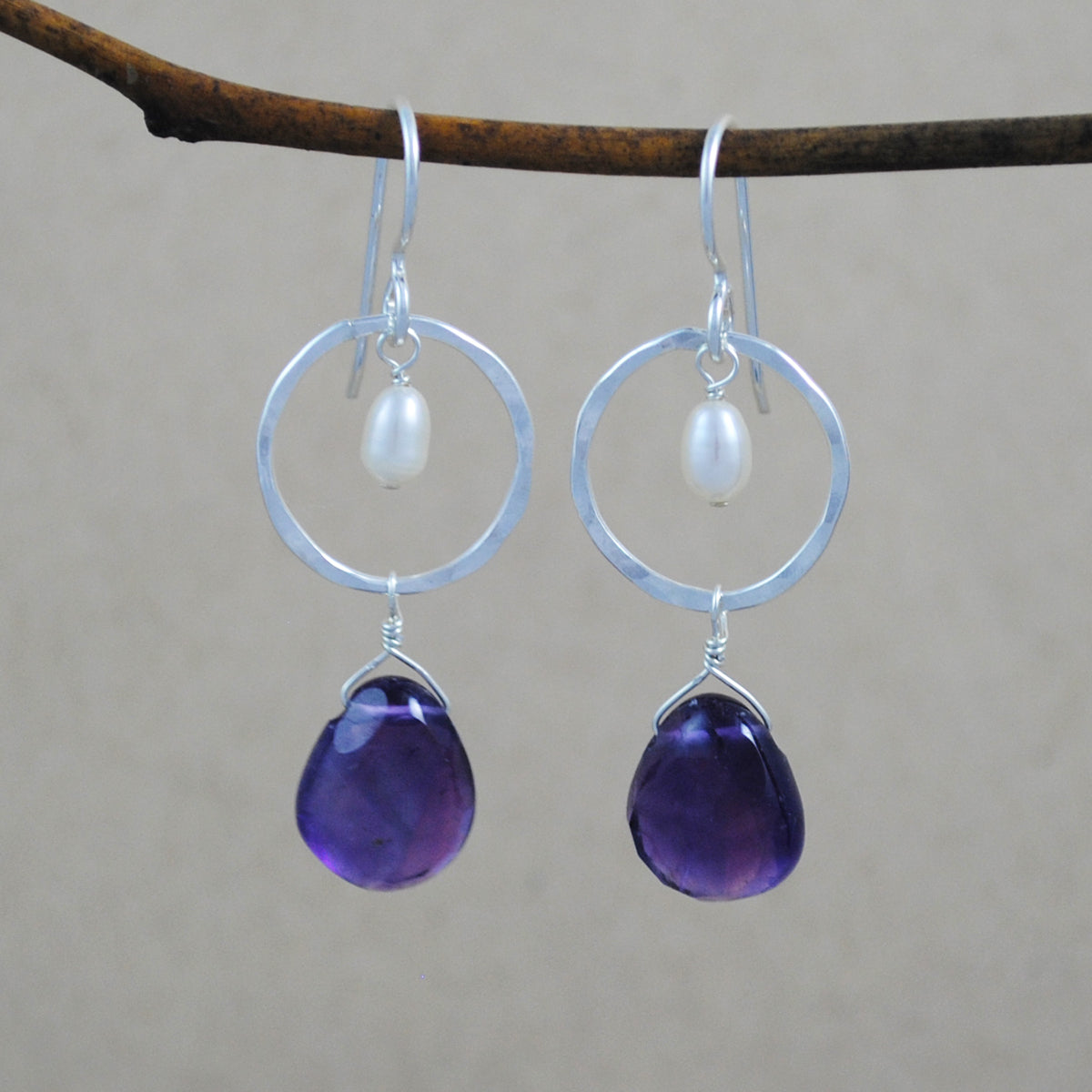 Circle with Stone and Pearl Earrings - sterling