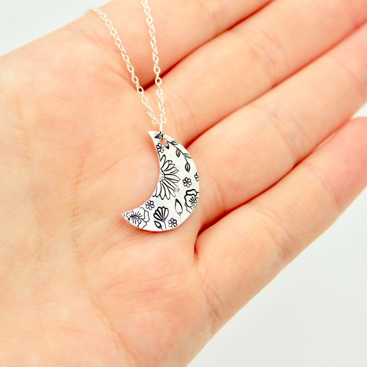 Floral Moon Necklace - Sterling Silver