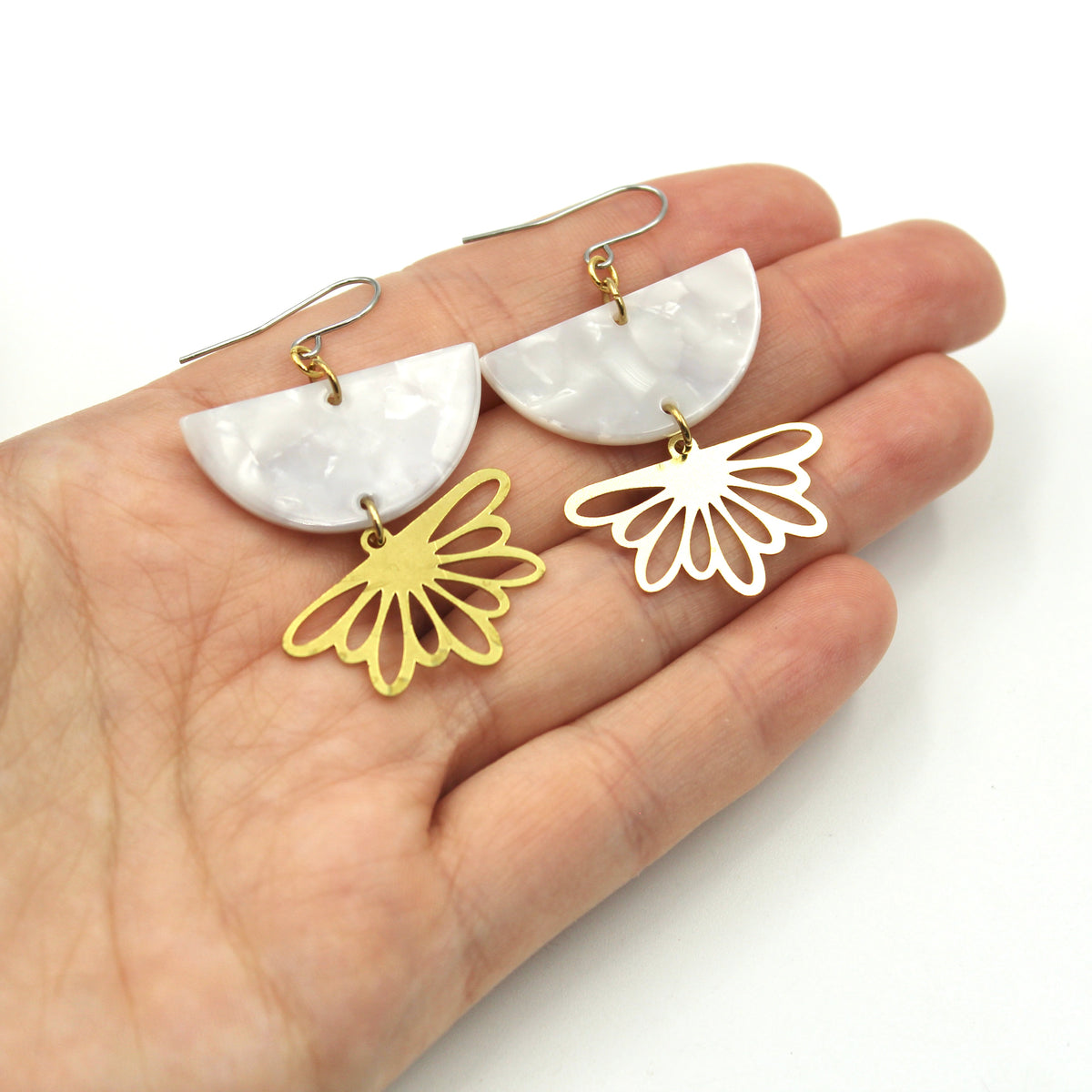 White Half Flower Earrings