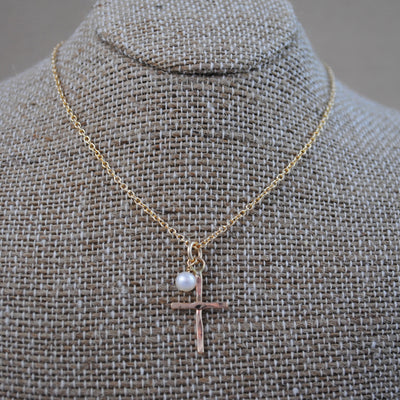 Cross and Pearl Pendant - gold filled