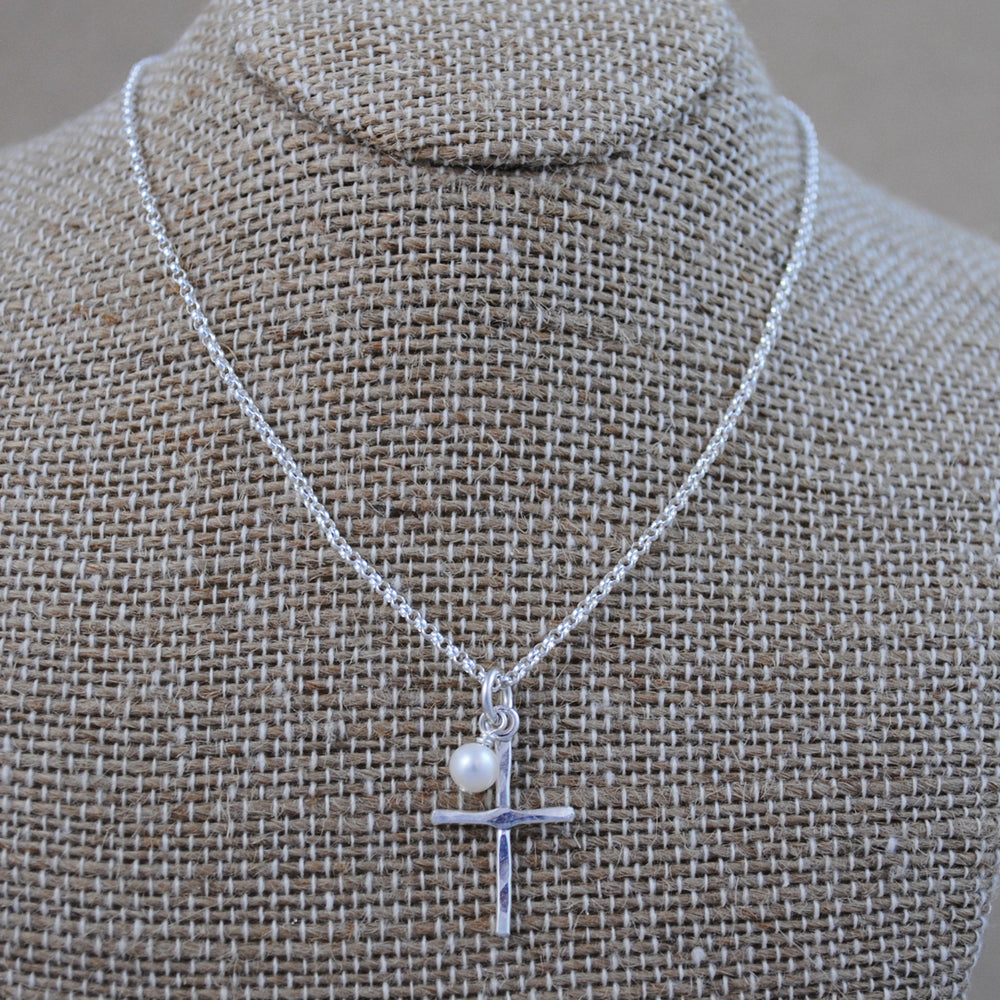 Cross and Pearl Pendant - sterling silver