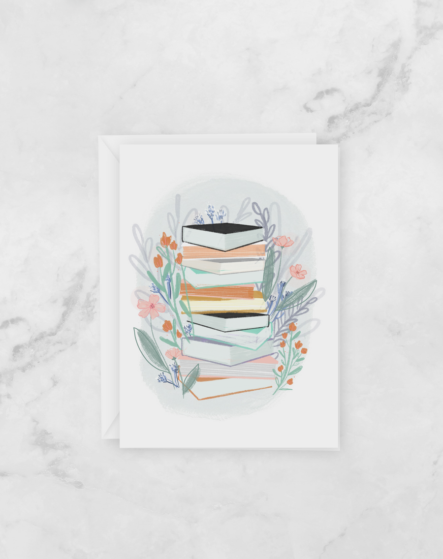 Greeting Card - Stack of Books - Blank Card for a Reader or Book Lover - Peach or Plum
