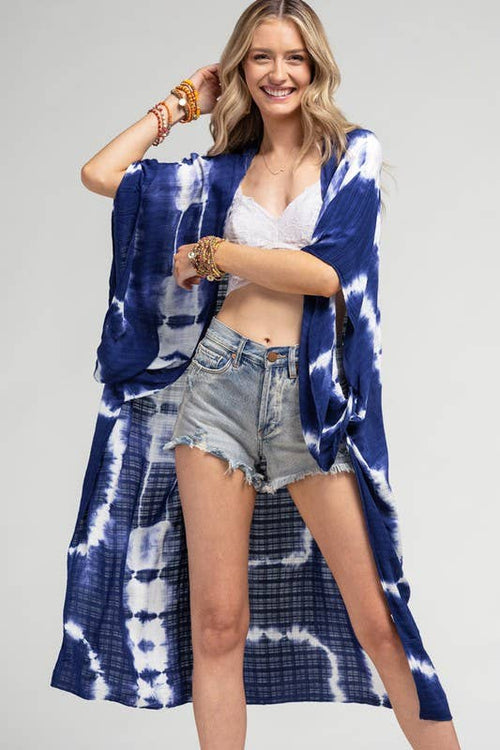 Tie Dye with Crochet Accent Kimono: BLUE