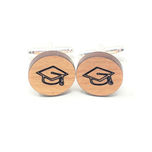 Graduation Hat Stainless and Wood Cufflinks