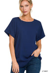 42POPS - .SI-15944 WOVEN HEAVY DOBBY ROLLED SLEEVE BOAT NECK TOP: LTNAVY-150221 / S