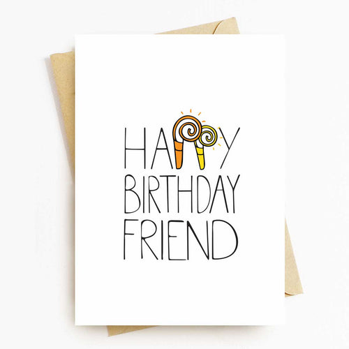 Happy Birthday Friend with Horn Greeting Card