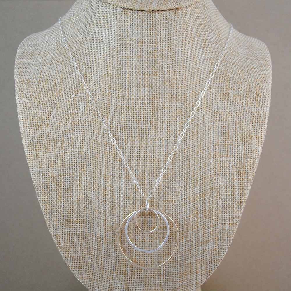 Triple Ring Pendant on Long Chain - Mixed Metals
